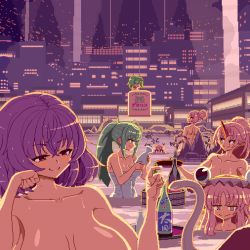 Rule 34 | 6+girls, @ @, alternate hairstyle, animated, animated gif, arthropod limbs, bathing, black eyes, blonde hair, bottle, breasts, brown headwear, bubble, bucket, city, cityscape, closed mouth, cola, commentary request, convenient censoring, cup, drinking, drunk, green hair, hair bun, holding, holding cup, holding towel, horns, hoshiguma yuugi, in container, kisume, kochiya sanae, kurodani yamame, large breasts, laughing, long hair, looking at another, looking at viewer, migel futoshi, mizuhashi parsee, moriya suwako, multiple girls, oni horns, onsen, outdoors, partially submerged, petting, pixel art, pointy ears, ponytail, pouring, purple eyes, purple hair, red horns, sakazuki, short hair, smile, smoke, snake, steam, stone, sweat, touhou, towel, twintails, wooden bucket, yasaka kanako
