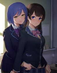 Rule 34 | 2girls, :d, black jacket, black skirt, blazer, blue eyes, blue hair, bow, bowtie, brown hair, collared shirt, commentary request, day, hair ornament, hairclip, highres, indoors, jacket, long hair, looking at another, looking back, multiple girls, nijisanji, open mouth, pink neckwear, pleated skirt, purple neckwear, shirt, shizuka rin, shizuka rin (1st costume), skirt, smile, sunlight, suzuki puramo, sweater vest, tsukino mito, tsukino mito (1st costume), very long hair, virtual youtuber, white shirt, window, yellow eyes, yuri