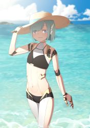 Rule 34 | 1girl, android, bad id, bad pixiv id, bikini, bikini day, blue eyes, blue hair, blurry, blurry background, commentary, day, eyes visible through hair, flat chest, hat, highres, joints, long hair, looking at viewer, navel, ocean, original, outdoors, putcher, robot ears, robot joints, short hair, solo, sun hat, swimsuit, virtual youtuber, wading