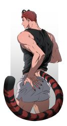 Rule 34 | 1boy, animal ears, black eyes, black nails, black tank top, boxers, closed mouth, cowboy shot, fingernails, grey shorts, highres, looking at viewer, male focus, male underwear, profile, red hair, sakuragi hanamichi, sharp fingernails, short hair, shorts, slam dunk (series), solo, standing, tail, tank top, tektek070, tiger boy, tiger ears, tiger tail, underwear, white background