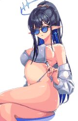 Rule 34 | 1girl, 2049 (hh5566), alternate costume, bikini, black hair, blue-tinted eyewear, blue archive, blue hair, breasts, colored inner hair, feet out of frame, highres, korean commentary, large breasts, multicolored hair, navel, parted lips, pixel art, pointy ears, ponytail, rin (blue archive), round eyewear, side-tie bikini bottom, simple background, solo, swimsuit, thighs, tinted eyewear, two-tone hair, white background, white bikini