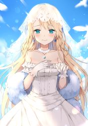 Rule 34 | 1girl, bad id, bad pixiv id, bare shoulders, blonde hair, blue eyes, blue sky, blurry, blush, bokeh, braid, braided bangs, breasts, bridal veil, bride, canape (canape0130), choker, cleavage, closed mouth, cloud, collarbone, day, depth of field, dress, earrings, eyes visible through hair, feathers, floating hair, g36 (girls&#039; frontline), g36 (pure white cornflower) (girls&#039; frontline), girls&#039; frontline, gloves, hair between eyes, happy tears, highres, jewelry, long hair, looking at viewer, medium breasts, official alternate costume, pendant, petals, shawl, sidelocks, sky, smile, solo, strapless, strapless dress, tearing up, tears, veil, wedding, wedding dress, white dress, white gloves