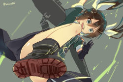 Rule 34 | 10s, 1girl, black gloves, boots, brown hair, chig (mizusaki), convenient leg, gloves, green eyes, kantai collection, long hair, open mouth, solo, tone (kancolle), twintails