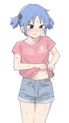 Rule 34 | 1girl, blue eyes, blue hair, blue shorts, blush, casual, commentary request, cube hair ornament, hair ornament, highres, naganohara mio, navel, nichijou, ookiiayu, red shirt, shirt, short hair, short shorts, short sleeves, short twintails, shorts, simple background, solo, sweat, twintails, white background