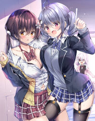 Rule 34 | 3girls, :d, :o, ahoge, black thighhighs, blazer, blue bow, blue bowtie, blue skirt, bow, bowtie, breasts, brown eyes, brown hair, character request, cleavage, collarbone, comic cune, commentary request, drill hair, fang, flower, garter straps, grey hair, grey sweater vest, hair between eyes, hair flower, hair ornament, highres, holding, holding pencil, jacket, kurou (quadruple zero), large breasts, leg between thighs, long sleeves, looking at viewer, mole, mole on breast, multiple girls, navel, ninose shizuku, open mouth, pencil, plaid, plaid skirt, red bow, red bowtie, red eyes, red skirt, shirakawa kokona, shirt, short hair, skin fang, skirt, smile, standing, striped bow, striped bowtie, striped clothes, sweat, sweater vest, thighhighs, thighs, twintails, watashi no tame ni nuginasai!, white hair, white shirt, yellow sweater vest