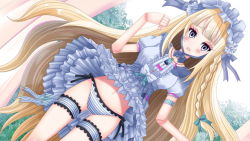 Rule 34 | 1girl, artist request, bisque (monster musume), blonde hair, blunt bangs, blush, braid, breasts, bridal garter, clothes lift, doll joints, dress, dress lift, game cg, grey eyes, hairband, jewelry, joints, lolita fashion, lolita hairband, long hair, looking at viewer, medium breasts, monster musume no iru nichijou, monster musume no iru nichijou online, necklace, official art, open mouth, panties, parted lips, solo, striped clothes, striped legwear, striped panties, surprised, underwear, very long hair, white dress