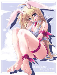 Rule 34 | 1girl, :d, animal ears, anklet, barefoot, blonde hair, blue eyes, rabbit ears, headset, jewelry, looking at viewer, open mouth, original, smile, solo, thigh strap, toes