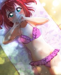 Rule 34 | 1girl, aqua eyes, artist name, artist request, bare legs, bare shoulders, beach, bikini, blush, bow, breasts, cleavage, collarbone, female focus, frilled bikini, frills, front-tie bikini top, front-tie top, green eyes, hair between eyes, highres, kurosawa ruby, looking at viewer, looking up, love live!, love live! sunshine!!, nail, nail polish, outdoors, parted lips, pink bikini, pink bow, pink nails, pink nails, red hair, short hair, small breasts, smile, solo, stomach, string bikini, sunlight, swimsuit