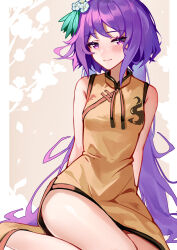 Rule 34 | 1girl, absurdres, adapted costume, ailu elf, ass, blush, brown dress, china dress, chinese clothes, closed mouth, dress, flower, hair flower, hair ornament, highres, long hair, looking at viewer, purple eyes, purple hair, sleeveless, sleeveless dress, smile, solo, touhou, tsukumo benben, white flower