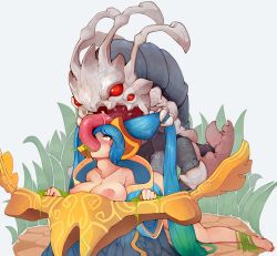 Rule 34 | 1girl, anal, bent over, blue eyes, blue hair, breasts, breasts out, collarbone, forced, grabbing another&#039;s hair, happening18, kneeling, kog&#039;maw, large breasts, league of legends, long hair, monster, nipples, oral, penis, rape, restrained, sex, sona (league of legends), tears, twintails