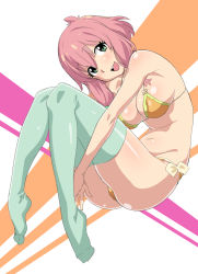 Rule 34 | 1girl, bikini, blue thighhighs, breasts, commentary request, full body, green eyes, groin, hugging own legs, large breasts, loliconder, narugino mikatan, no shoes, orange bikini, pink hair, punch line, short hair, sideboob, simple background, solo, swimsuit, teeth, thighhighs, thighs, upper teeth only