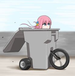 Rule 34 | 1girl, blue eyes, blurry, blurry background, bocchi the rock!, chris rollins, cube hair ornament, floating hair, gotoh hitori, hair ornament, head only, in trash can, long hair, maaranto, motion blur, pink hair, riding tricycle, unconventional vehicle, wheel