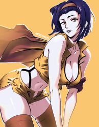 Rule 34 | 1girl, armpit crease, artist name, breasts, cape, cleavage, cowboy bebop, faye valentine, green eyes, hairband, highres, large breasts, medium hair, midriff, miss faves, navel, plunging neckline, purple hair, purple lips, shirt, shorts, simple background, sleeveless, sleeveless shirt, solo, thighhighs, yellow background, yellow hairband, yellow shirt, yellow shorts