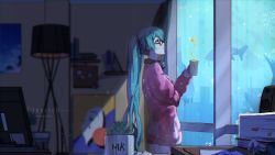 Rule 34 | 1girl, artist name, black-framed eyewear, blurry, book, book stack, bubble, cactus, cowboy shot, cup, depth of field, from side, german text, hair ribbon, hatsune miku, headphones, headphones around neck, highres, holding, holding cup, indoors, jacket, lamp, long hair, long sleeves, looking away, no pants, ocean, painting (object), paper, pink jacket, plant, potted plant, profile, ribbon, silhouette, solo, standing, track jacket, translated, twintails, very long hair, vocaloid, water, zhayin-san