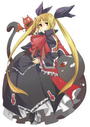 Rule 34 | 1girl, akeyume, arc system works, bat (animal), blazblue, blonde hair, bow, cat, dress, frills, full body, gii, gothic lolita, lolita fashion, long hair, nago, rachel alucard, red bow, red eyes, ribbon, shoes, simple background, solo, twintails, vampire, white background