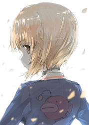 Rule 34 | 1girl, anglerfish, backlighting, blue jacket, brown eyes, brown hair, closed mouth, commentary, emblem, fish, from behind, girls und panzer, jacket, light frown, long sleeves, looking at viewer, looking back, military, military uniform, nishizumi miho, ooarai military uniform, petals, short hair, solo, throat microphone, uniform, upper body, white background, yurikuta tsukumi