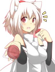 Rule 34 | 1girl, animal ears, blush, commentary request, detached sleeves, female focus, food, gauntlets, hat, highres, inubashiri momiji, looking at viewer, mii, mii (makosuke), open mouth, outstretched arm, outstretched hand, pink eyes, red eyes, shirt, short hair, silver hair, smile, solo, tokin hat, touhou, upper body, wide sleeves, wolf ears
