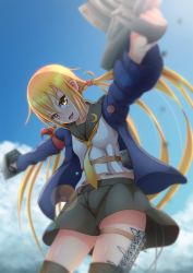 Rule 34 | 10s, 1girl, armband, black skirt, black thighhighs, blonde hair, blue jacket, cloud, collarbone, cowboy shot, crescent, crescent pin, day, dual wielding, eyebrows, from below, hair between eyes, highres, holding, jacket, kantai collection, lens flare, light smile, long hair, long sleeves, looking at viewer, looking down, low twintails, md5 mismatch, neckerchief, open mouth, outdoors, outstretched arms, panties, pantyshot, resolution mismatch, rumachi, satsuki (kancolle), satsuki kai ni (kancolle), school uniform, serafuku, skirt, sky, solo, source larger, spread arms, standing, sunlight, thigh strap, thighhighs, twintails, underwear, very long hair, white panties, yellow eyes, yellow neckerchief, zettai ryouiki