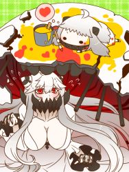 Rule 34 | 10s, 2girls, abyssal ship, ahoge, breasts, chibi, cleavage, colored skin, covered mouth, dress, flying sweatdrops, heart, horns, kantai collection, large breasts, long hair, long sleeves, looking up, midway princess, multiple girls, northern ocean princess, paint, paint can, paintbrush, painting (action), pale skin, red eyes, sleeveless, sleeveless dress, thought bubble, very long hair, white dress, white hair, white skin, yumaru (marumarumaru)