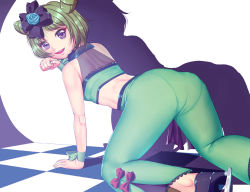 Rule 34 | 1girl, all fours, ass, bare shoulders, checkered floor, crop top, double bun, flat chest, flower, green hair, hair bun, hair flower, hair ornament, harihisa, ice skates, looking at viewer, morizono wakana, open mouth, pants, pantylines, paw pose, pretty series, pretty rhythm, pretty rhythm rainbow live, purple eyes, shadow, shiny skin, short hair, skates, smile, solo, tight clothes, tight pants