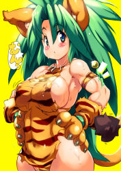 Rule 34 | 1girl, alternate breast size, animal ears, animal hands, animal print, armlet, bare shoulders, big hair, blue eyes, blush, bone, breasts, cham cham, claws, commentary request, covered erect nipples, covered navel, gloves, green hair, hair between eyes, hair bobbles, hair ornament, hands on own hips, highres, jewelry, large breasts, long hair, looking at viewer, muscular, muscular female, necklace, parted lips, paw gloves, print gloves, samurai spirits, shiny skin, sideboob, simple background, sleeveless, solo, speech bubble, standing, sweat, tail, taut clothes, tiger ears, tiger girl, tiger print, tiger tail, torn clothes, yellow background, yellow gloves, yu 3