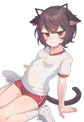 Rule 34 | 1girl, absurdres, animal ear hairband, animal ears, breasts, brown hair, cat ear hairband, cat ears, cat tail, collarbone, commission, fake animal ears, gym uniform, hairband, highres, looking at viewer, mole, mole under eye, original, prunechi, red eyes, red shorts, second-party source, shirt, short hair, shorts, sitting, small breasts, smile, solo, tail, v burger103, wariza, white shirt