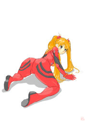 Rule 34 | 1girl, :&lt;, absurdres, all fours, arm support, artist request, ass, ass focus, bodysuit, breasts, brown hair, cameltoe, curvy, from behind, full body, hair ornament, highres, huge ass, legs apart, long hair, looking to the side, medium breasts, neon genesis evangelion, pilot suit, plugsuit, red bodysuit, shiny clothes, skin tight, solo, souryuu asuka langley, thigh gap, thighs, twintails, two side up, very long hair, white background
