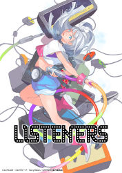 Rule 34 | 1girl, amplifier, audio jack, black choker, blue eyes, blue shorts, cable, choker, copyright name, effects pedal, full body, grey hair, listeners, long hair, looking at viewer, looking back, marshall, midriff, mu (listeners), pink footwear, pomodorosa, shorts, solo, sparkle, speaker, very long hair, watermark, white background, wrist cuffs