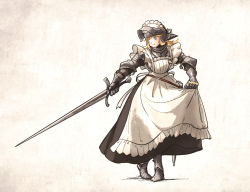 Rule 34 | 1girl, apron, armor, armored boots, belt, blonde hair, blue eyes, boots, clothes lift, couter, curtsey, gauntlets, gorget, perlweiss (ironlily), helmet, highres, ironlily, looking to the side, maid, maid headdress, original, scabbard, sheath, skirt, skirt lift, smile, solo, sword, visor lift, weapon