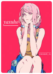 Rule 34 | 1girl, character name, closed mouth, commentary request, flower, flower skirt, hair bobbles, hair ornament, hands on own face, hirose yasuho, jojo no kimyou na bouken, jojolion, long hair, looking to the side, mizudama, pink background, pink eyes, pink hair, pink lips, shirt, simple background, sitting, skirt, solo