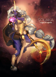 Rule 34 | 1girl, breasts, cleavage, colored skin, dress, english text, engrish text, gloves, highres, horns, jewelry, large breasts, league of legends, long hair, lots of jewelry, nal (nal&#039;s pudding), pointy ears, purple skin, ranguage, single horn, solo, soraka (league of legends), staff, very long hair, yellow eyes