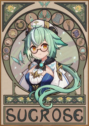 Rule 34 | 1girl, art nouveau, black-framed eyewear, blush, breasts, brown eyes, character name, closed mouth, commentary, genshin impact, glasses, green hair, hair between eyes, hat, highres, long hair, looking at viewer, low ponytail, medium breasts, multicolored hair, ponytail, semi-rimless eyewear, shrug (clothing), smile, solo, streaked hair, sucrose (genshin impact), symbol-only commentary, under-rim eyewear, uneg, upper body, very long hair, white hat