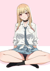 Rule 34 | 1girl, absurdres, anime coloring, arms behind back, bikini, bikini under clothes, black bikini, black choker, black footwear, blonde hair, blue skirt, blush, breasts, cameltoe, choker, closed mouth, collared shirt, commentary, crossed legs, dress shirt, ear piercing, full body, gradient hair, grey necktie, head tilt, highres, indian style, kitagawa marin, large breasts, long hair, looking at viewer, miniskirt, multicolored hair, necktie, ogre (illustogre), partially visible vulva, piercing, pink background, pink hair, plaid, plaid skirt, pleated skirt, red eyes, school uniform, shirt, simple background, sitting, skirt, sleeves rolled up, smile, socks, solo, sono bisque doll wa koi wo suru, straight hair, swimsuit, thighs, tied shirt, two-tone hair, white shirt, wing collar