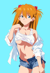 Rule 34 | 1girl, aqua background, bikini, blue eyes, breasts, clothes lift, highres, jaaaan, legs apart, long hair, medium breasts, micro shorts, navel, neon genesis evangelion, no bra, no panties, open clothes, open shorts, orange hair, shiny skin, shirt lift, short shorts, shorts, simple background, solo, souryuu asuka langley, standing, stomach, striped bikini, striped clothes, swimsuit, thighs, two side up
