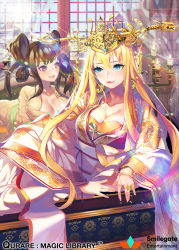 Rule 34 | 2girls, bad id, bad pixiv id, blonde hair, blue eyes, breasts, brown eyes, brown hair, candle, candlestand, cleavage, company name, copyright name, earrings, hair rings, headpiece, indoors, jewelry, large breasts, long hair, lying, multiple girls, official art, on stomach, qurare magic library, ring, smile, sunlight, very long hair, wide sleeves, window, xxinainaxx
