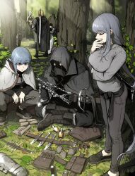 Rule 34 | 2girls, armor, belt, black footwear, black gloves, blonde hair, bolt (hardware), boots, breasts, cape, chain, character request, closed eyes, fingernails, forest, gloves, gogalking, grey cape, grey eyes, grey hair, grey pants, grey shirt, highres, hood, hood up, hooded cape, knife, large breasts, long hair, long sleeves, looking down, multiple girls, multiple others, nature, original, pants, parted lips, shagal (gogalking), shirt, shoes, sidelocks, standing, sword, tree, weapon