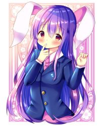 Rule 34 | 1girl, animal ears, blue jacket, blush, breasts, chocolat (momoiro piano), collared shirt, commentary request, covered mouth, cropped torso, finger to mouth, hair between eyes, hands up, jacket, long hair, long sleeves, looking at viewer, medium breasts, necktie, pink necktie, pink skirt, purple hair, rabbit ears, red eyes, reisen udongein inaba, shirt, skirt, solo, touhou, upper body, very long hair, white shirt