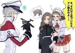 Rule 34 | 4girls, ?, aircraft, aircraft request, animal, anno88888, black gloves, black skirt, blush, breasts, brown eyes, brown hair, capelet, celtic knot, fairy (kancolle), female admiral (kancolle), garter straps, glasses, gloves, graf zeppelin (kancolle), grey hair, hat, headdress, highres, kantai collection, long hair, military, military uniform, multiple girls, open mouth, peaked cap, pince-nez, red skirt, roma (kancolle), short hair, simple background, skirt, sweat, thighhighs, translation request, twintails, uniform, white background, white gloves, white legwear