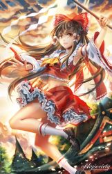 Rule 34 | 1girl, alice jing, arm up, armpits, bow, brown hair, cherry blossoms, cloud, detached sleeves, frilled skirt, frills, hair bow, hakurei reimu, highres, holding, japanese clothes, legs, lips, long hair, looking at viewer, mary janes, midriff, miko, navel, ofuda, petals, sarashi, shoes, skirt, socks, touhou, traditional clothes, tree, twintails, watermark