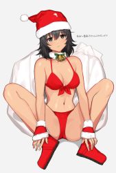 Rule 34 | 1girl, andou (girls und panzer), bell, bikini, bikini bottom only, black hair, boots, breasts, brown eyes, christmas, closed mouth, commentary, dark-skinned female, dark skin, fingerless gloves, front-tie bikini top, front-tie top, frown, full body, fur-trimmed gloves, fur collar, fur trim, girls und panzer, gloves, grey background, hat, looking at viewer, medium breasts, medium hair, messy hair, navel, neck bell, oversized object, red bikini, red footwear, red gloves, red hat, sack, santa costume, santa hat, shadow, simple background, sitting, solo, spread legs, swimsuit, tan (inka), translated