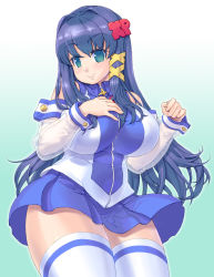 Rule 34 | 1girl, blue eyes, blue hair, blue skirt, breasts, fax ogawa, hip focus, huge breasts, matching hair/eyes, os-tan, plump, skirt, solo, thick thighs, thighhighs, thighs, wide hips, xp-tan