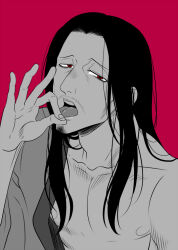 Rule 34 | 1boy, aquiline nose, bare pectorals, black hair, facial hair, fellatio gesture, goatee, greyscale with colored background, history1357, hunter x hunter, japanese clothes, kimono, long hair, looking at viewer, male focus, mustache stubble, nobunaga hazama, open clothes, open kimono, pectorals, red background, red eyes, solo, stubble, tongue, tongue out, upper body