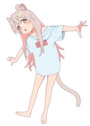 Rule 34 | 1girl, :o, ahoge, animal ear fluff, animal ears, balancing, bare legs, barefoot, blue shirt, blush, bright pupils, cat ears, cat tail, clothes writing, colored inner hair, double-parted bangs, full body, genderswap, genderswap (mtf), grey hair, highres, kemonomimi mode, kona ming, long hair, multicolored hair, naked shirt, onii-chan wa oshimai!, outstretched arms, oversized clothes, oversized shirt, oyama mahiro, pink hair, shirt, short sleeves, sideways glance, simple background, solo, spread fingers, standing, standing on one leg, tail, toes, very long hair, white background