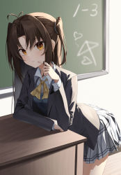 Rule 34 | 1girl, antenna hair, bad id, bad twitter id, black jacket, blue skirt, blush, brown hair, chalkboard, classroom, collared shirt, cowboy shot, desk, highres, indoors, jacket, leaning forward, long hair, long sleeves, looking at viewer, mame (hyeon5117), neckerchief, one side up, open clothes, open jacket, orange eyes, original, plaid, plaid skirt, playing with own hair, pleated skirt, school uniform, shirt, skirt, solo, standing, white shirt, yellow neckerchief