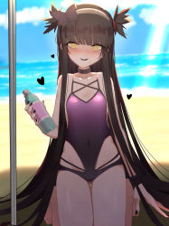 Rule 34 | 1girl, bare arms, bare shoulders, beach, black nails, bottle, breasts, brown eyes, brown hair, butterfly hair ornament, collarbone, covered navel, day, enjelicious, gluteal fold, hair ornament, hairband, heart, highres, holding, long hair, merryweather, mole, mole under mouth, nail polish, ocean, one-piece swimsuit, open mouth, ophelia (merryweather), original, outdoors, purple one-piece swimsuit, sand, small breasts, solo, swimsuit