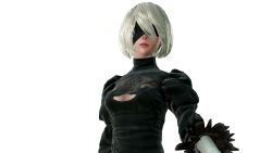 Rule 34 | 1girl, 3d, absurdres, android, black dress, black hairband, blindfold, breasts, cleavage, cleavage cutout, closed mouth, clothing cutout, dress, feather-trimmed sleeves, gloves, hair over eyes, hairband, highres, juliet sleeves, long sleeves, medium breasts, mole, mole under mouth, nier:automata, nier (series), official art, puffy sleeves, short hair, silver hair, solo, square enix, upper body, vambraces, 2b (nier:automata)