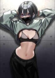 Rule 34 | 1girl, absurdres, arms up, black bow, black hair, black pants, blue eyes, bow, breasts, commentary, commentary request, cowboy shot, cropped hoodie, english commentary, expressionless, green hoodie, highres, hood, hoodie, long sleeves, looking at viewer, mask, mixed-language commentary, mouth mask, navel, original, pants, shinonome nemu (nemulog sn), short hair, small breasts, solo, stomach