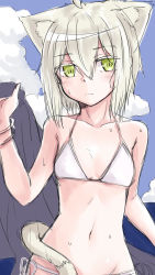 Rule 34 | 1girl, absurdres, ahoge, animal ears, bikini, blush, bracelet, breasts, cat ears, cat girl, cat tail, closed mouth, cloud, cloudy sky, collarbone, day, green eyes, hair between eyes, highres, ivan wang, jewelry, jitome, looking at viewer, original, outdoors, short hair, side-tie bikini bottom, sketch, sky, small breasts, solo, sweat, swimsuit, tail, upper body, white bikini