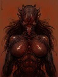 Rule 34 | 1girl, abs, artist logo, artist name, black hair, blood, blood on face, breasts, carapace, commentary, dated, demon, demon girl, english commentary, facing viewer, horns, long hair, medium breasts, monster, muscular, muscular female, neurodyne, no eyes, no nipples, orange background, original, shiny skin, simple background, solo, teeth