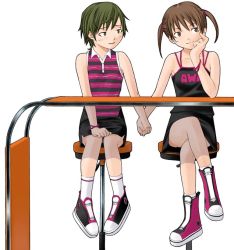 Rule 34 | 2girls, brown eyes, brown hair, holding hands, crossed legs, multiple girls, original, short twintails, sitting, twintails, yasuda suzuhito, yuri